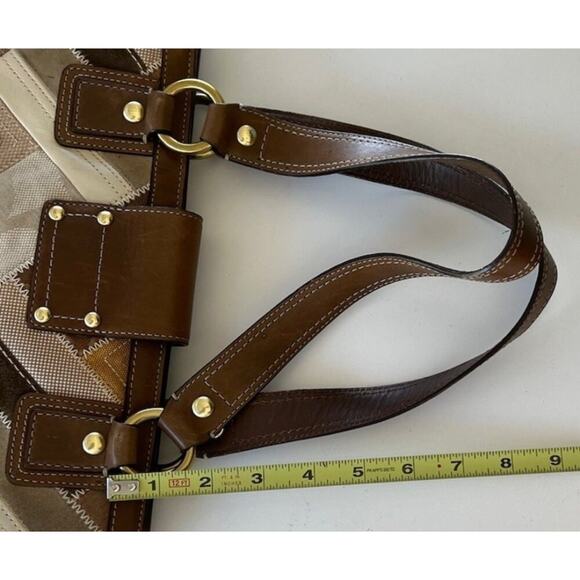 COACH KHAKI BROWN SIGNATURE PATCHWORK ZIP TURNLOCK TOTE BAG PURSE SATCHEL 12524 - Picture 9 of 10